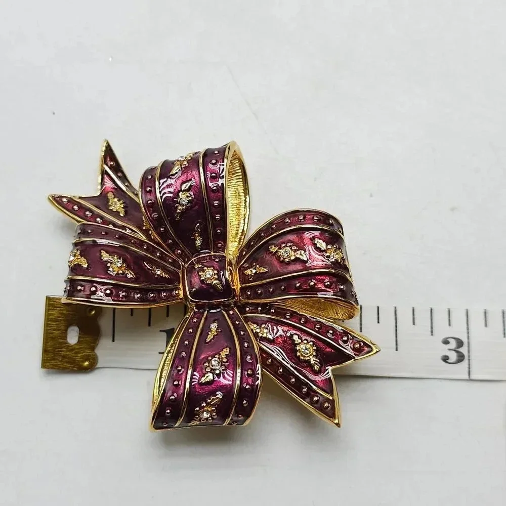 Joan Rivers Purple Enamel Large Clear Rhinestone Gold Tone Bow Brooch Pin